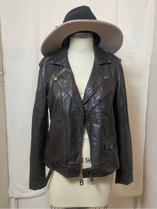 R Label Jackets & Blazers - Brown Leather Moto Jacket with Asymmetrical Zip